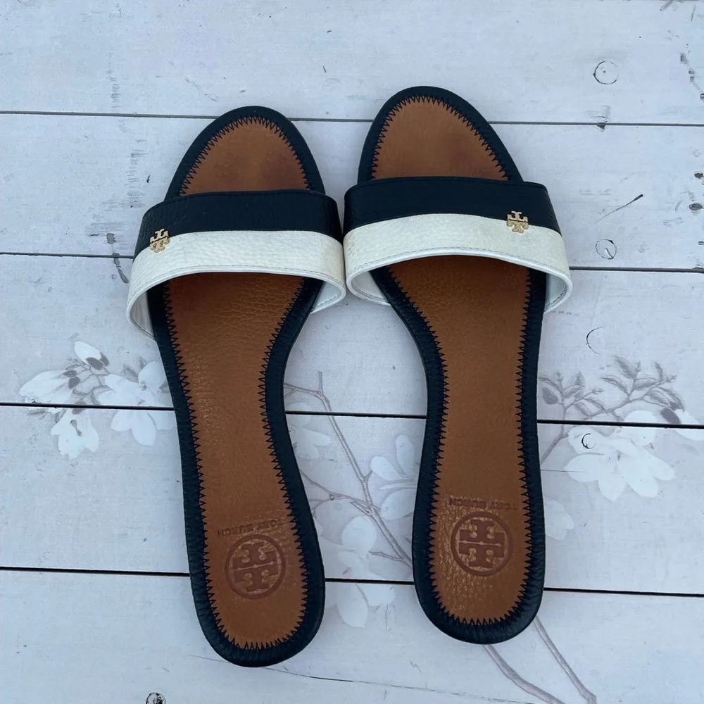 Tory Burch Black and White Leather Slide Mules